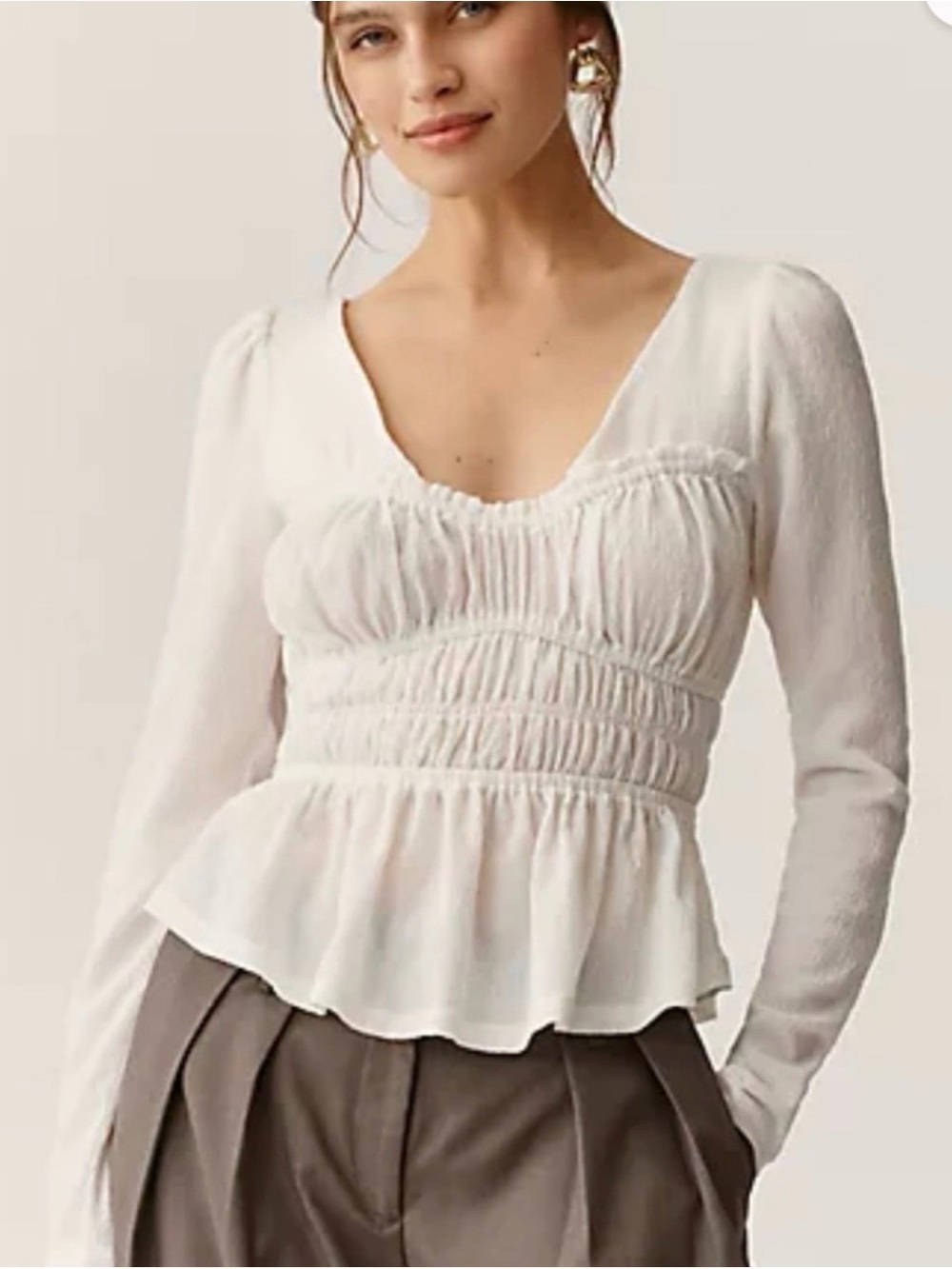 Anthropologie Maeve White Smocked Blouse